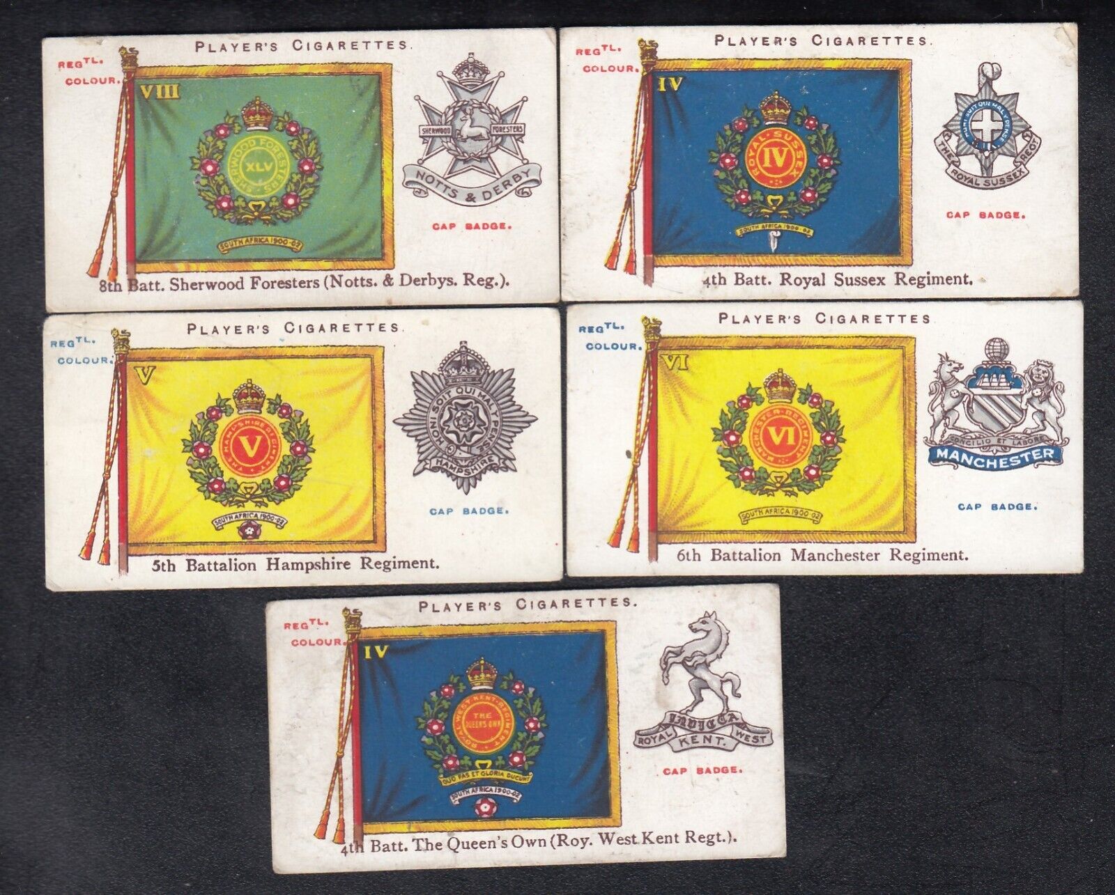 5 1910 Uk Military Flags Cards Sherwood Foresters 6th Batt. Manchester Regiment