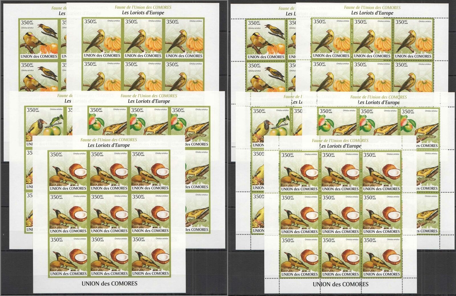 Com10 Imperf,perf 2009 Comoros Fauna Birds Oriolus Loriots 18set Mnh