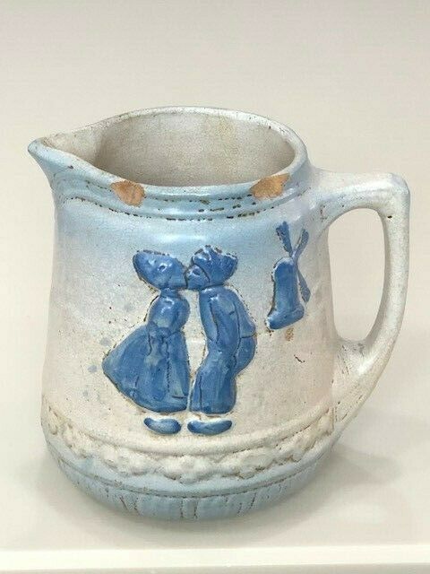 Blue White Stoneware Salt Glaze Kissing Dutch Kids Pitcher Mccoy Ohio Early 20th